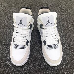 Jordan 4 Retro Military Black-Men’s White and Gray Sneakers with Black Details
